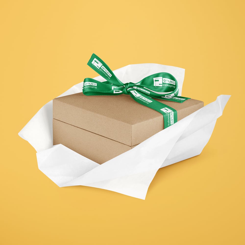 Package wrapped with custom printed ribbon