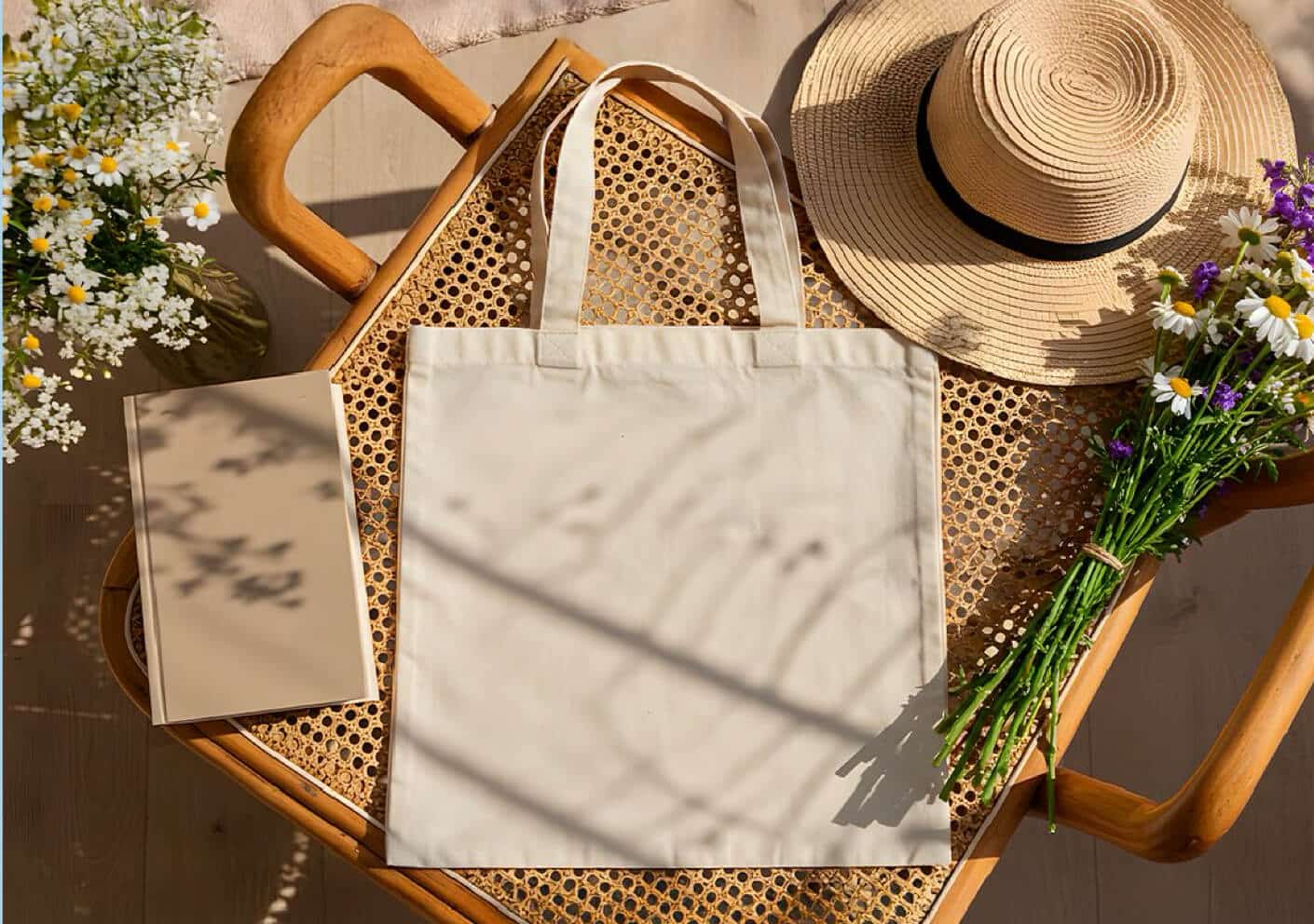 A cotton bag sitting on a woven chair with a hat, a book, and a bundle of wildflowers.