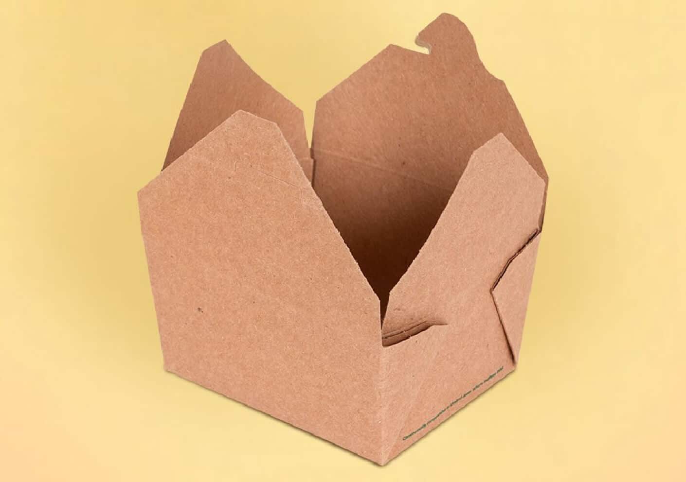 Brown paper take out box on a yellow background.