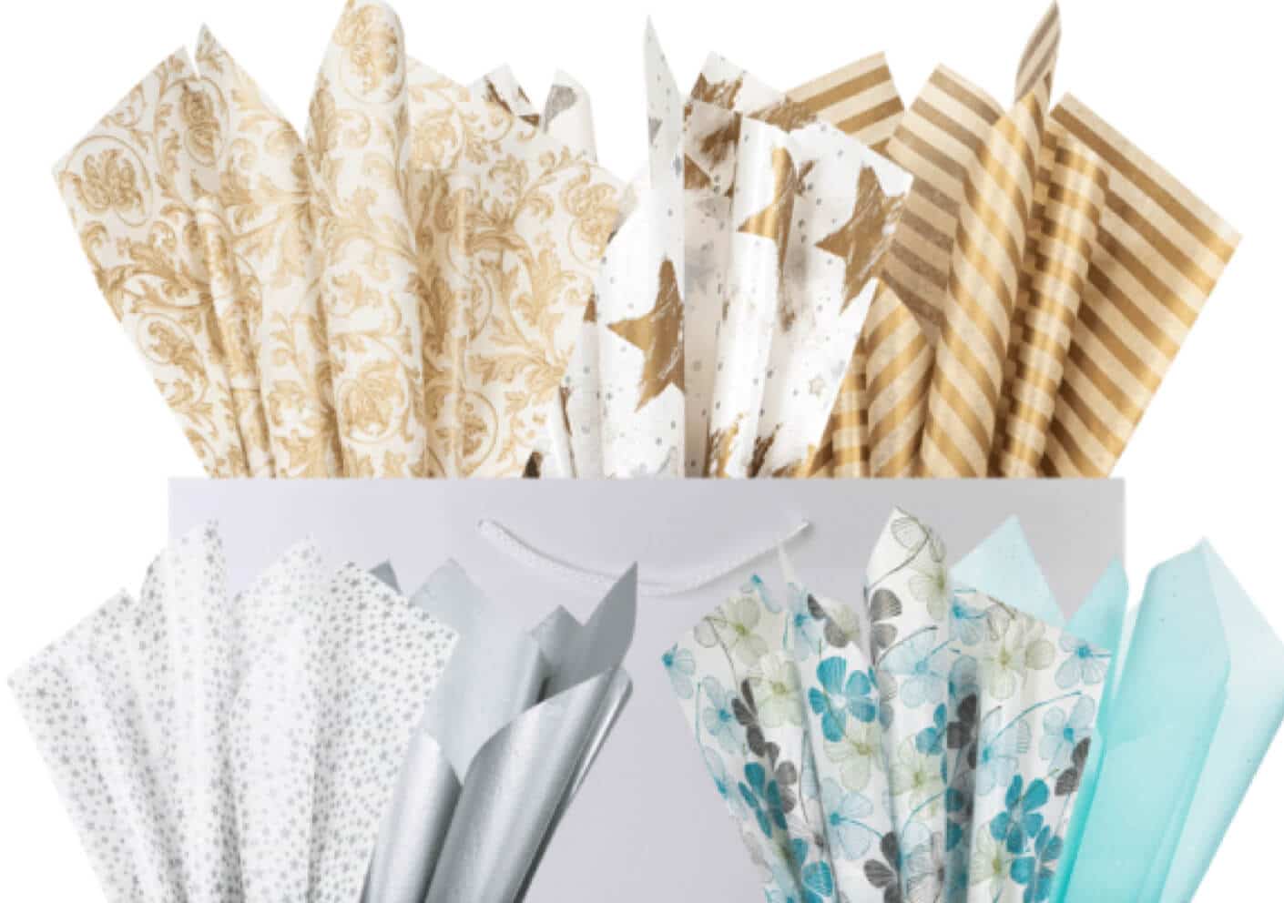 Eco-friendly tissue paper filling a gift bag with two groups of different color tissue paper outside of the bag.